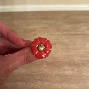 Vibrant Orange and Gold Ring w Rhinestone Pearl Ladybug Accent Adjustable